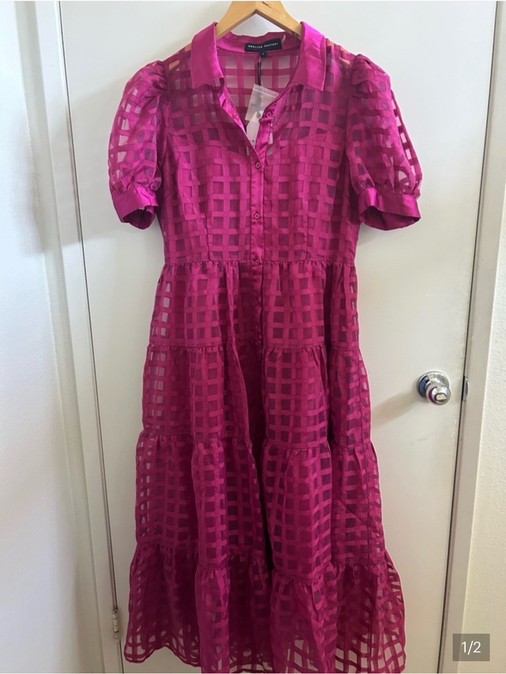 English Factory Fuchsia Checkered Tiered Midi Dress